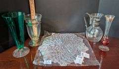 Vintage vases and 10 pc. Occasions Finest plastic tableware placemats and cloth napkins( located in 