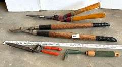 4 pc Loppers, Garden Hand Rake, and Hand Trimmers  (Located Garage)