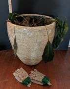 3 pc. Large planter with garden gloves(located near front door)