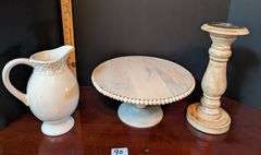 3 pc. Beaded round wooden tray stand, vintage pitcher, and wood pillar candle holder(Located in ds b