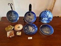 5 pc Blue Dated Christmas Dishes, and 4 pc Trinket Dishes, Stands Not Included (Located in ds Back B