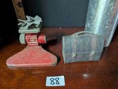 3 Vintage pcs. Sprinkler, Sparklet metal seltzer bottle, paperweight lunchbox(Located in ds back bed