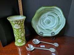 4 pc. Decorative vase, bowl, and serving utensils, stand not included (located in dining room)