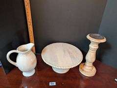 3 pc. Beaded round wooden tray stand, vintage pitcher, and wood pillar candle holder(Located in ds b