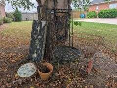 7 pc. Yard decor-cement slab top, black metal panel, and more(located front of house)