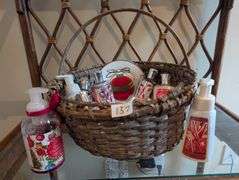 Basket of Pier 1 holiday plate and twisted peppermint lotion, shower gel, fragrance and more(ds back