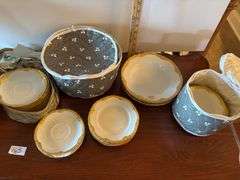 White and Gold Dish Set with Protective Packing Cases. Not a full set. (located in ds back room)