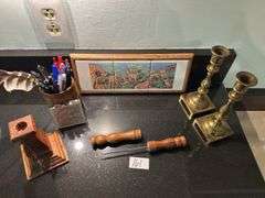 Miscellaneous lot: candle holder, ice pick, pottery jar of pens and tile giraffes (kitchen)