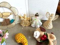 Crochet Angels, Glass Basket, Gabric Fruits and Vegetables and More (Located Garage)