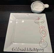 Palms up pottery dish, large ramekin, pair of square trays (located in kitchen)