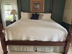 King size 4 post bed, bedding/electric mattress pad, pillows included, 81"x87"x top of post 87"tall 