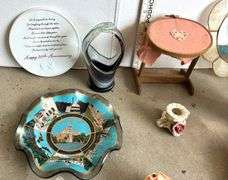 Crochet Angels, Glass Basket, Gabric Fruits and Vegetables and More (Located Garage)