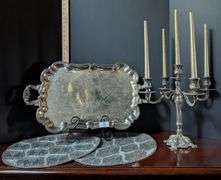 4 pc. Footed tray, candleabra with candles, and beaded place mats, stand not included (located in di