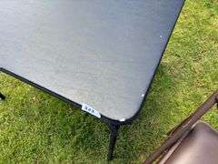 Black Folding Table, 33 5/8”X33 5/8”X27 7/8” (Some Wear) and Brown Folding Chair, 33 5/8” Tall (Smal