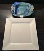 Palms up pottery dish, large ramekin, pair of square trays (located in kitchen)