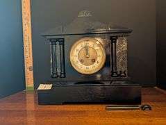 Victorian mantle clock, no key, 2 trim pieces need to be reattached, heavy(located in living room)