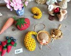 Crochet Angels, Glass Basket, Gabric Fruits and Vegetables and More (Located Garage)