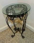 Metal Side Table with Glass Top, 19 3/4” Tall, Glass Top 15” Diameter (Located Formal Dinning Room)