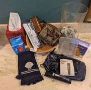 Equestrian tapestry make up bag, Philips Norelco all in 1 grooming system, misc. bath supplies(maste
