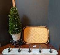 4 pc. Artificial Topiary plant, wood stand, Rattan tray, and coat hanger(located near front door)