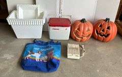 Coolers, Light-Up Pumpkins, Reusable Tote and Hot Dog Machine (Located Garage)