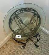 Metal Side Table with Glass Top, 19 3/4” Tall, Glass Top 15” Diameter (Located Formal Dinning Room)