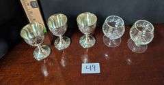 5 pc. Vintage cordial goblets and etched glass brandy snifters(located in dining room)
