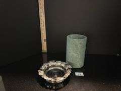 2pc Vintage silver plate wine coaster and marble wine cooler (located in dining room)