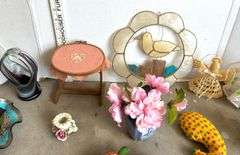 Crochet Angels, Glass Basket, Gabric Fruits and Vegetables and More (Located Garage)
