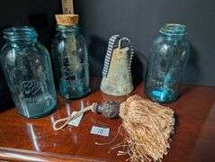 5 pc. Vintage Bell, and 3:Mason Ball Jars, and tassel (located in dining room)