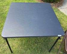 Black Folding Table, 33 5/8”X33 5/8”X27 7/8” (Some Wear) and Brown Folding Chair, 33 5/8” Tall (Smal