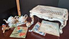 8+ pc.Vintage distressed white foot stool, teapots, and more (located in ds back bedroom)