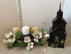 2 pc Metal Candle Holder with Flower Accents and Metal Tower with Candle and Ivey (Located Left Bedr