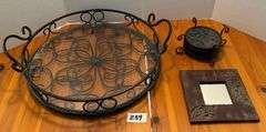 3 pc Metal Tray with Glass Inlay, Coasters, and Framed Mirror (Located Master Bedroom)