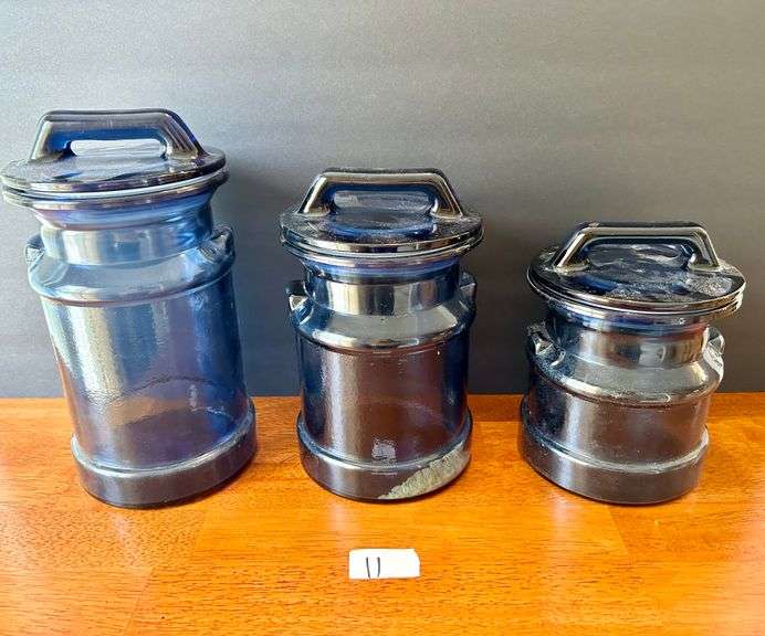 3pc Blue Glass Kitchen Canisters (Located in Kitchen)