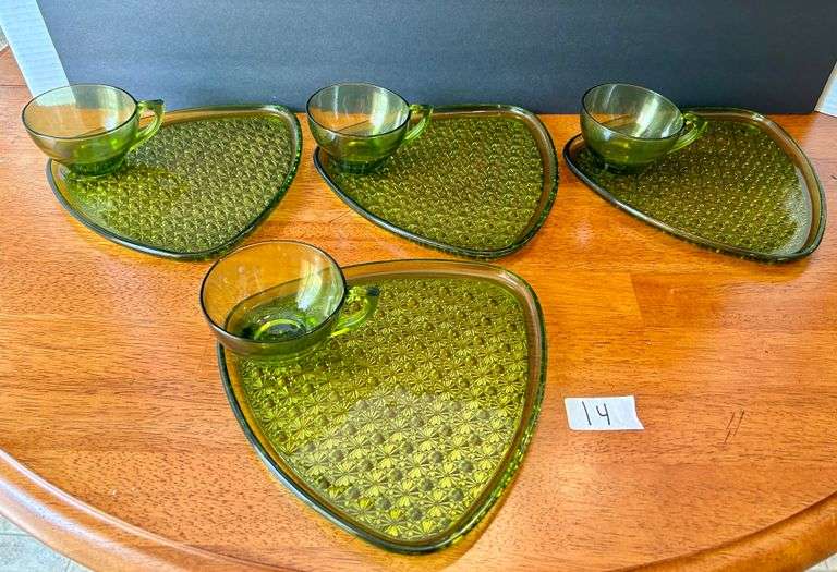 8pc Anchor Hocking Daisy and Button Green Glass Triangular Snack Set (Located in Kitchen)