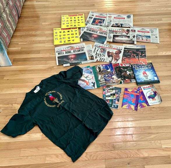 Lot of 1996 Atlanta Olympic Games Trading Pins, Newspapers, Shirt and More  (Located in Master Bedro