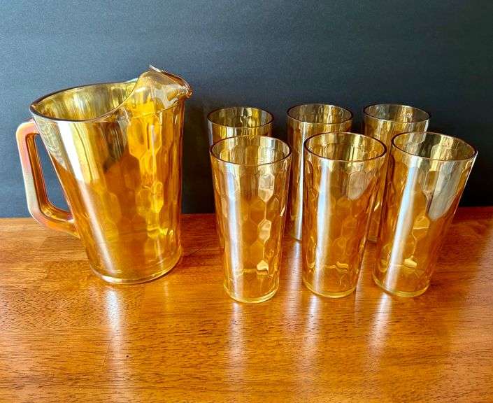 7pc Orange Glass Honey Comb Style Glass Pitcher and Glasses (Located in Kitchen)