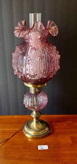 Purple Glass Hurricane Globe Lamp 22” Tall (Located in Dining Room)