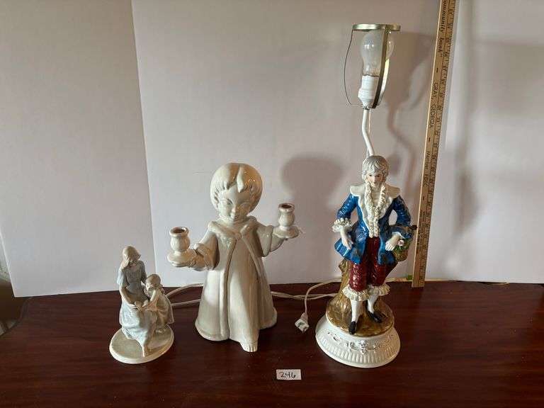 Porcelain Figure Lamp and Two Porcelain Statues (Located in Living Room)