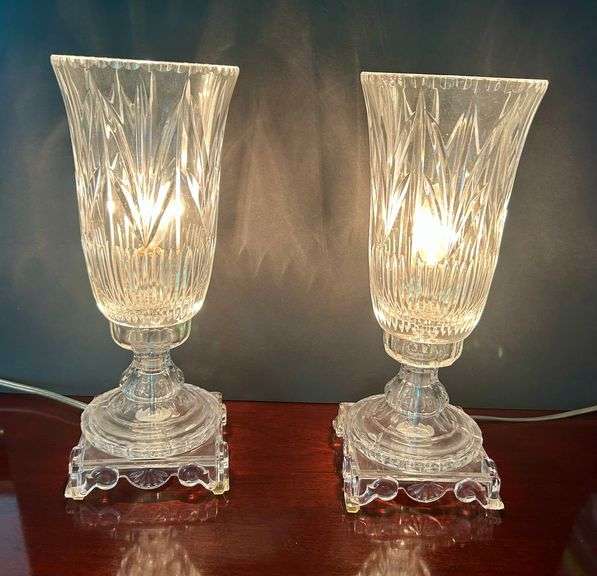 2pc Vintage Cut Lead Crystal Hurricane Lamps (Located in Dining Room)
