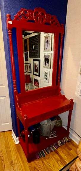 Red Mirror Hall Tree 78.5”x34 1/8” (Located in Hallway Near Garage)