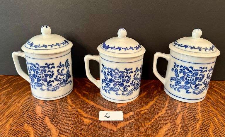 3pc Blue & White Porcelain Lidded Tea Mugs (Located in Kitchen)