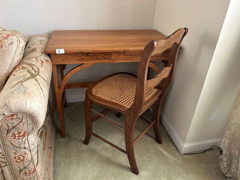 Solid Oak Writing Desk with Rush Seat Ladder-Back Chair 26 3/8”x31 7/8” (Located in LR