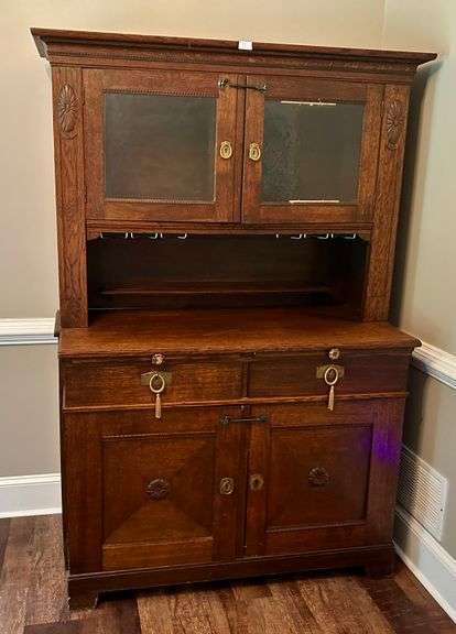 Antique Wooden Hutch/Sideboard 77 1/4”x51”x25 3/8” Has Some Damage)(Located in Dining Room)