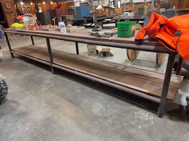 16ft Worktable, Pipe Frame, wood top, 32'' wide, with vise