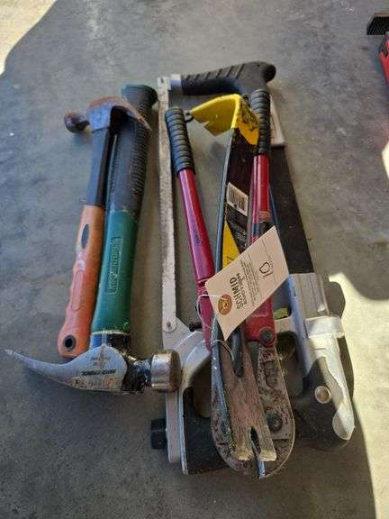 Claw hammers, nail puller, bolt cutters, hand saw