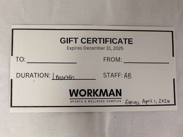 One Month Pass donated by Workman Sports and Wellness Complex