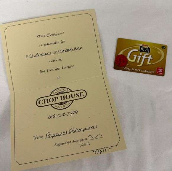 Dinner at Popeyes Chop House and Gas Card donated by Popeyes Chop House and Phil & Judy Luchtefeld