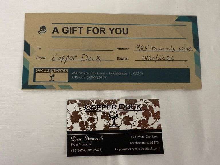 Copper Dock Gift Card donated by Copper Dock Winery